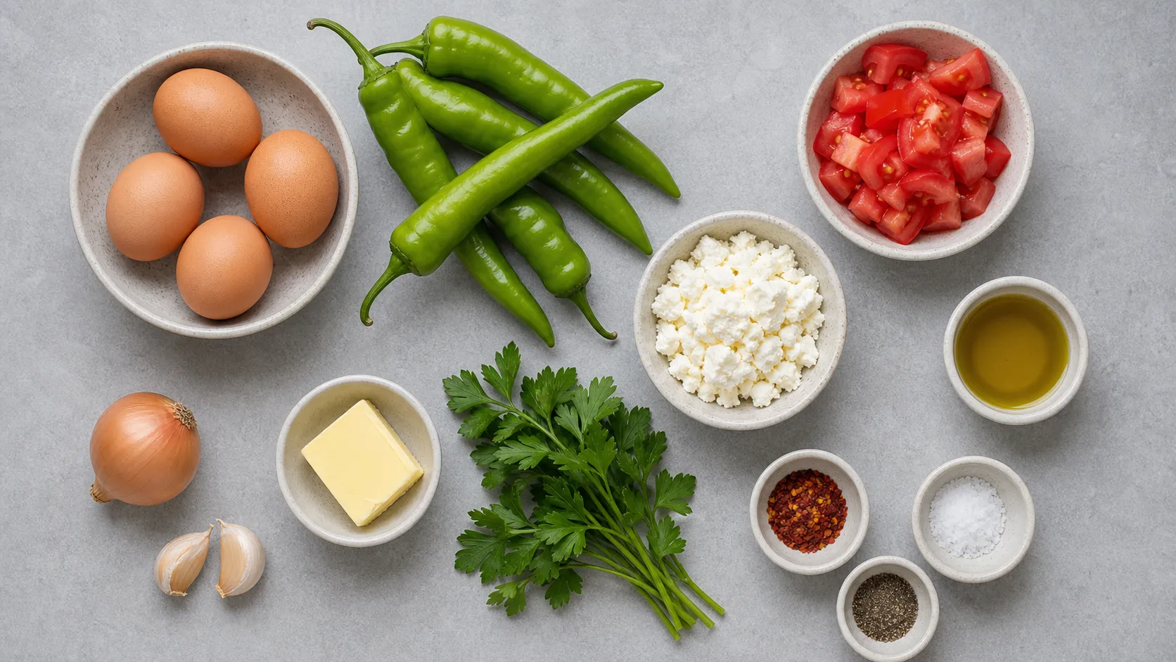 Zutaten für Keto-Menemen: Eier, grüne Spitzpaprika, Tomate, Feta-Käse, Olivenöl und Gewürze