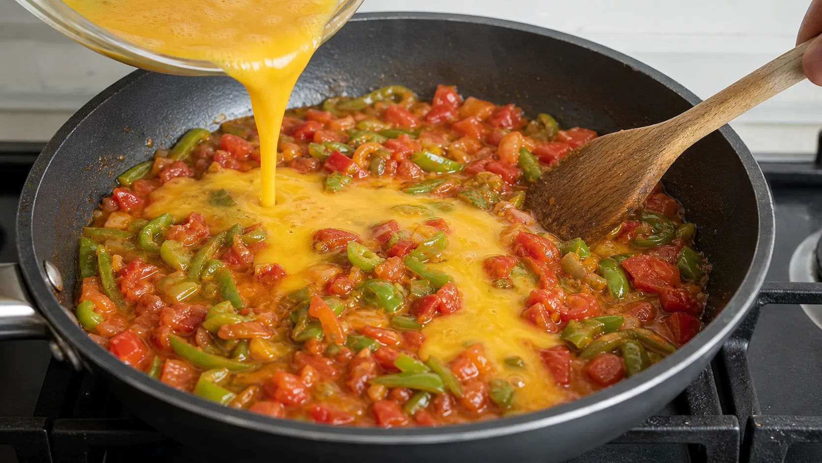 Paprika und Tomate köcheln in der Pfanne, bevor die verquirlten Eier untergezogen werden