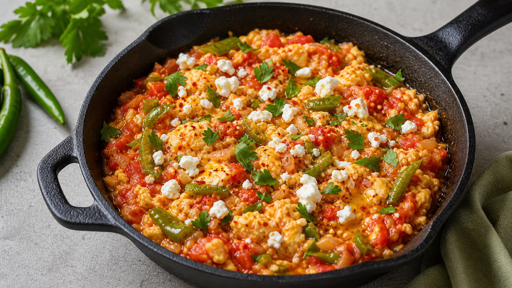 Keto-Menemen in einer Gusseisenpfanne mit Eiern, Paprika, Tomate, zerbröseltem Feta-Käse und Petersilie