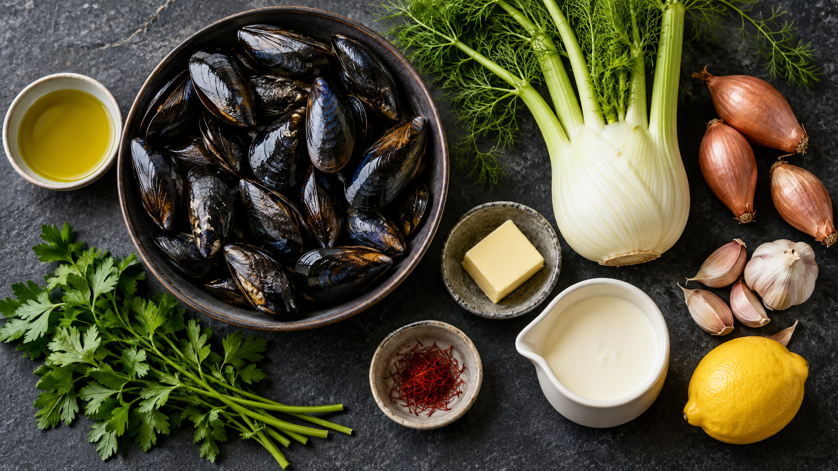 Zutaten für das Gericht: ein Netz Miesmuscheln, eine Fenchelknolle, Schalotten, Knoblauch, Butter, Sahne, Weißwein und Safranfäden in einer kleinen Schale