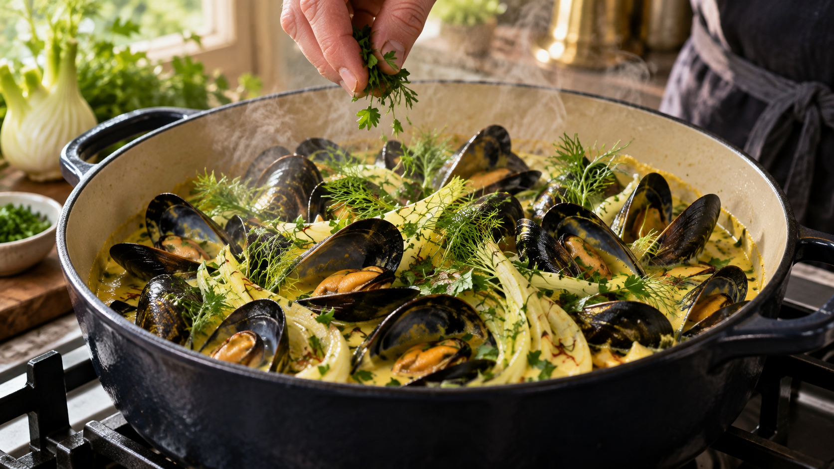 Fenchelstreifen und Schalotten dünsten in Butter in einem großen Topf, daneben eine Schüssel geputzter Miesmuscheln