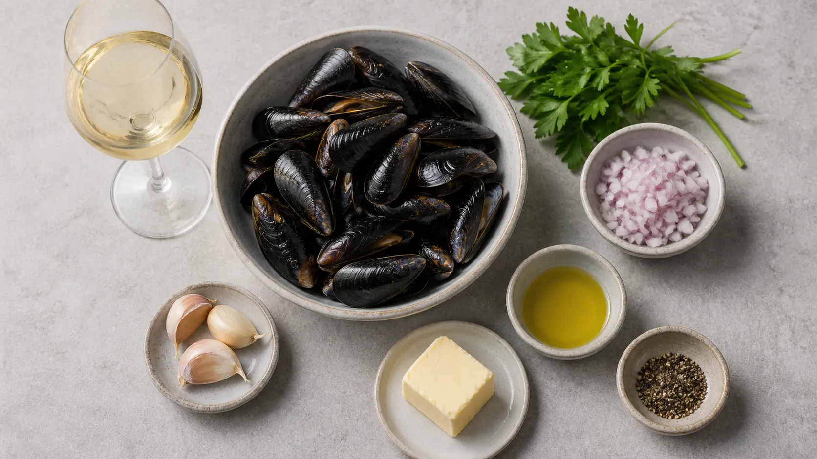 Zutaten für Keto Miesmuscheln mit frischen Miesmuscheln, Weißwein, Knoblauch, Schalotten, Butter, Olivenöl und Petersilie