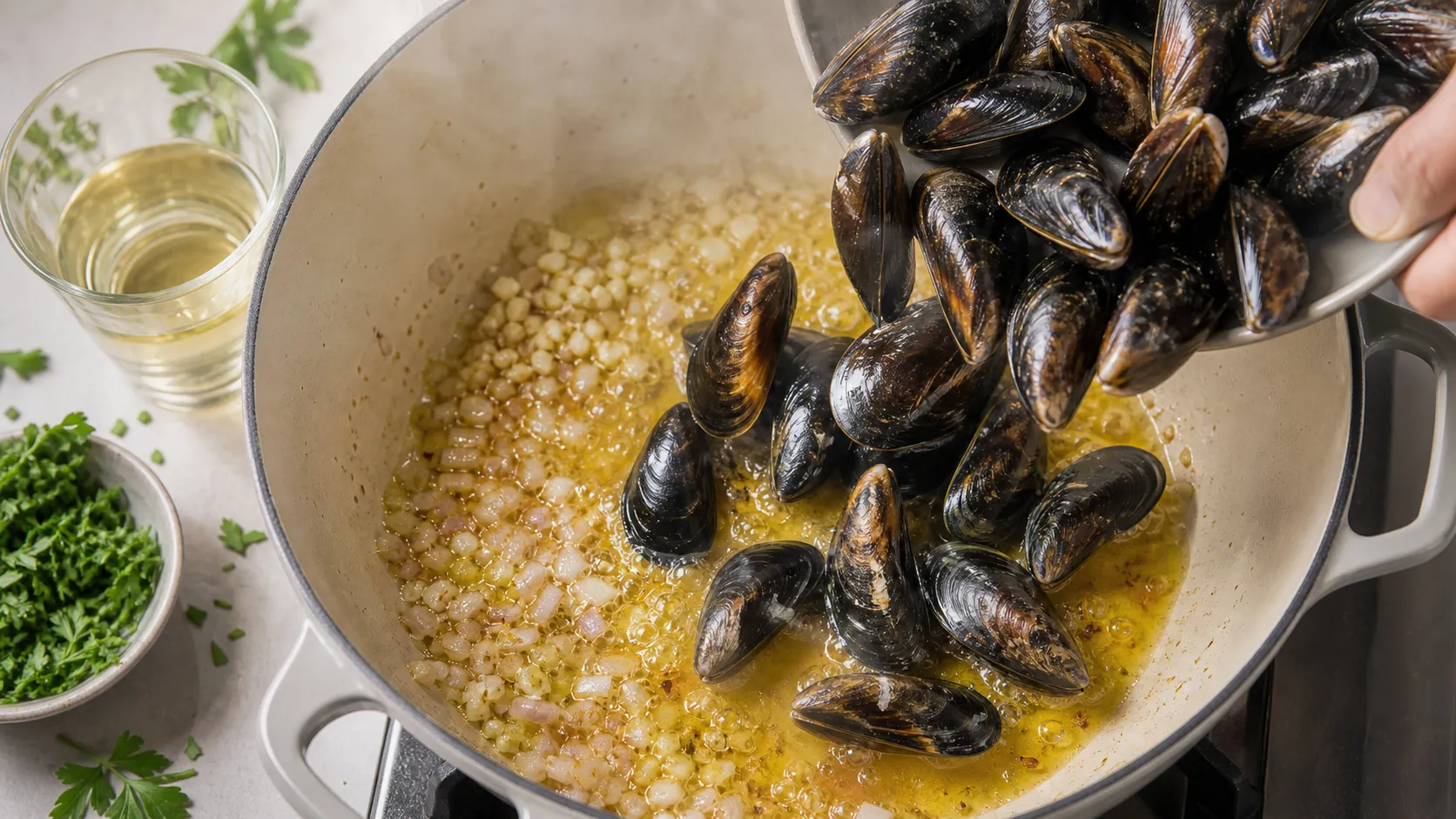 Miesmuscheln werden mit Knoblauch, Schalotten und Weißwein im Topf gegart