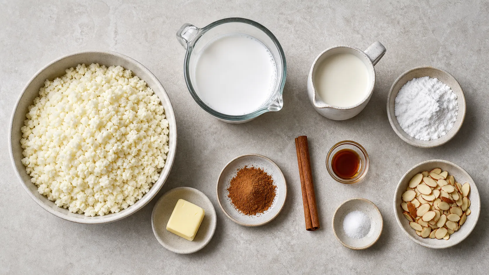 Zutaten für Keto-Milchreis: Blumenkohlreis, Kokosmilch, Sahne, Erythrit, Zimtstangen und Mandelblättchen
