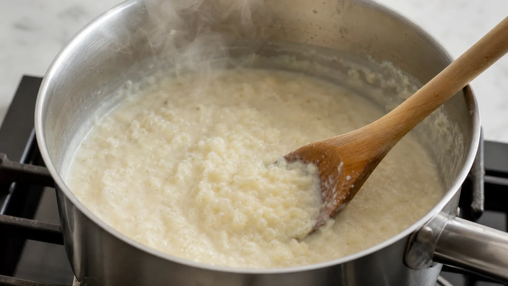 Blumenkohlreis köchelt mit Kokosmilch und Sahne in einem Topf und wird sämig eingekocht