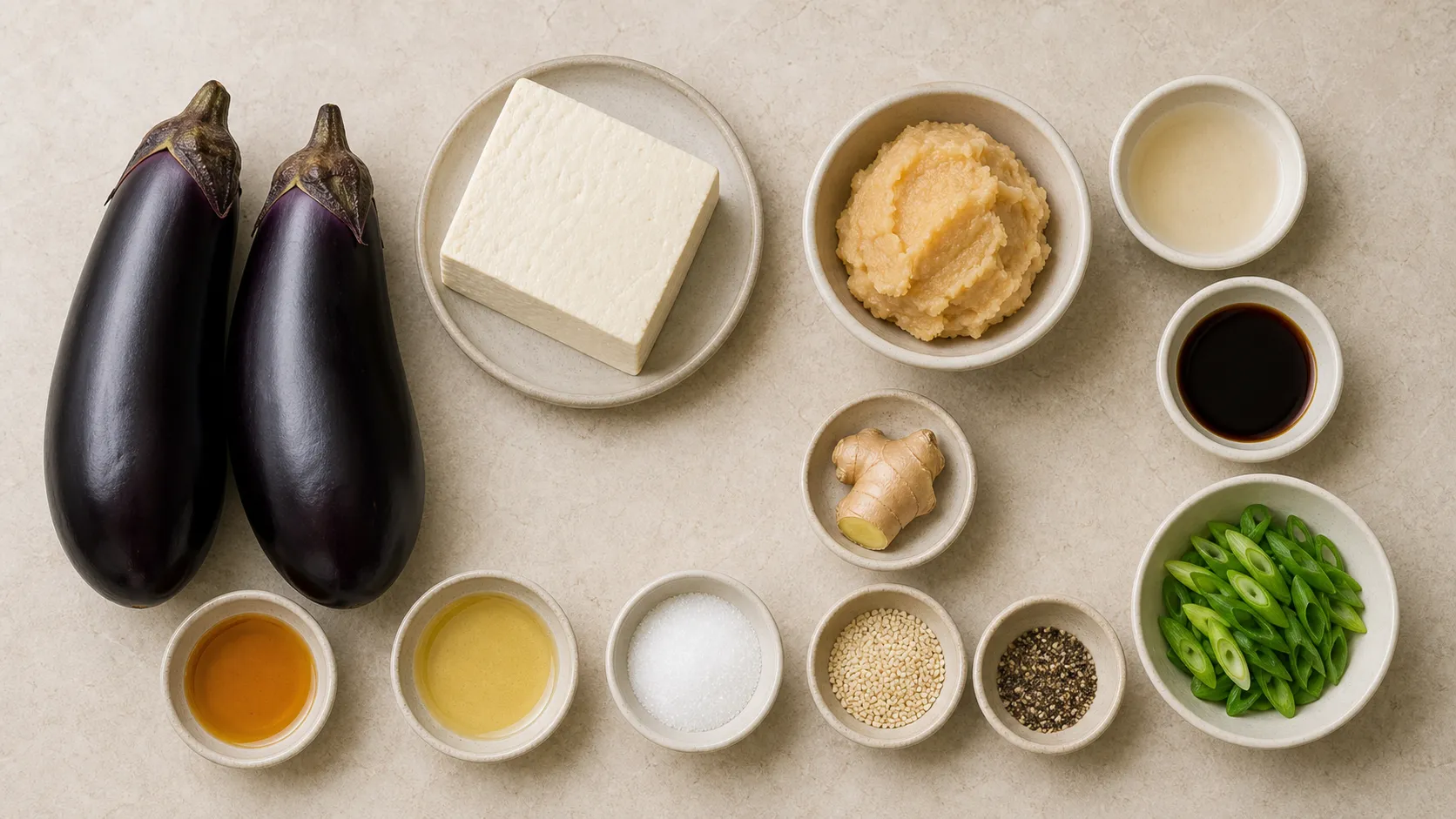 Zutaten für Keto Nasu Dengaku: Auberginen, fester Tofu, helles Miso, Sesamöl, Ingwer, Sesam und Frühlingszwiebeln