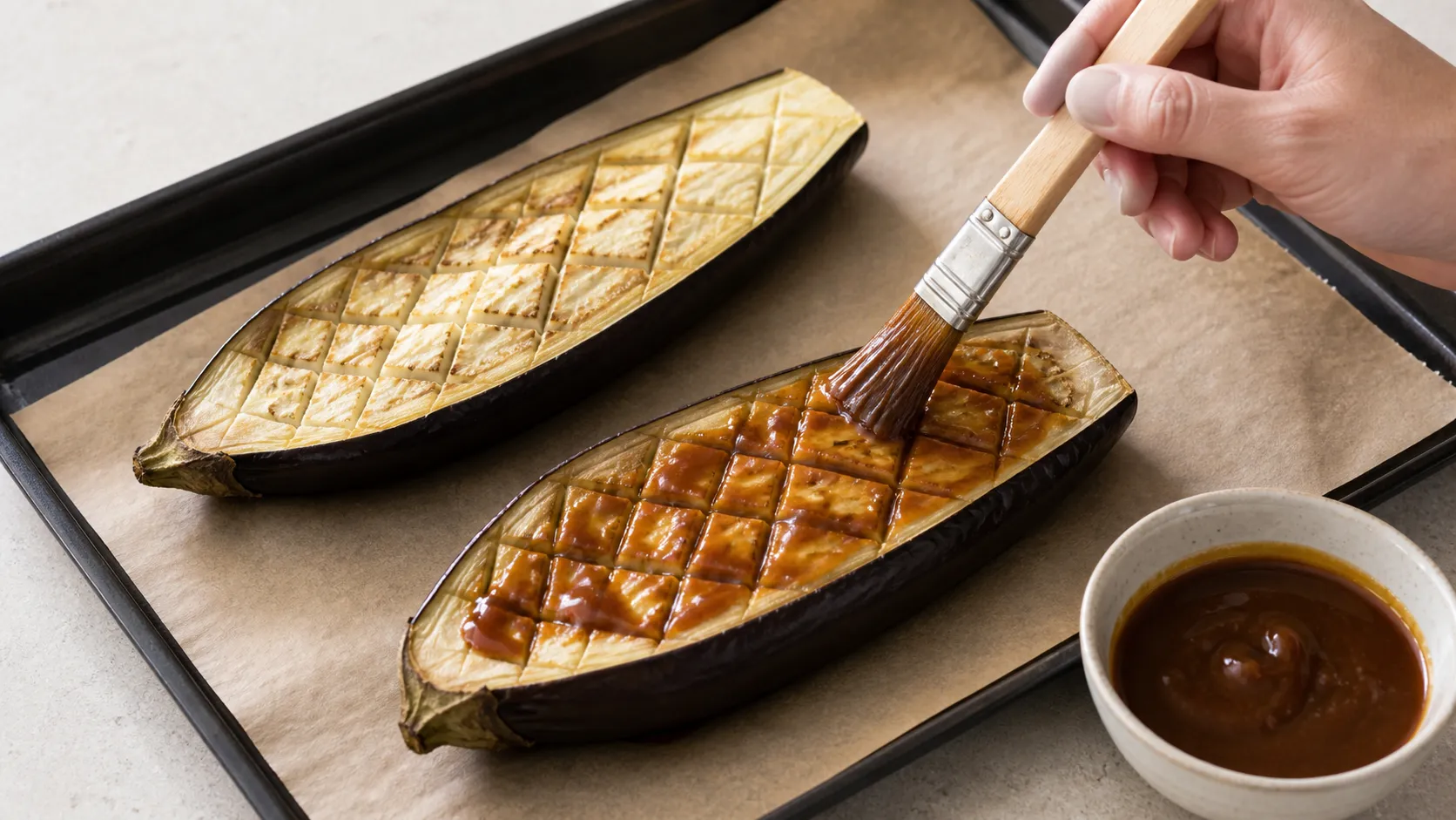 Auberginenhälften mit eingeritzter Schnittfläche auf dem Backblech, bestrichen mit brauner Miso-Paste