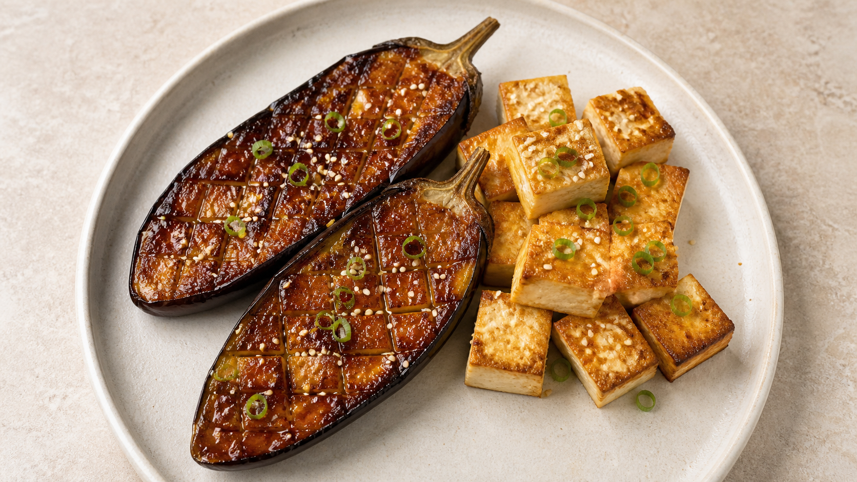 Halbierte Auberginen mit karamellisierter Miso-Glasur, daneben gebratene Tofuwürfel, Sesam und Frühlingszwiebeln