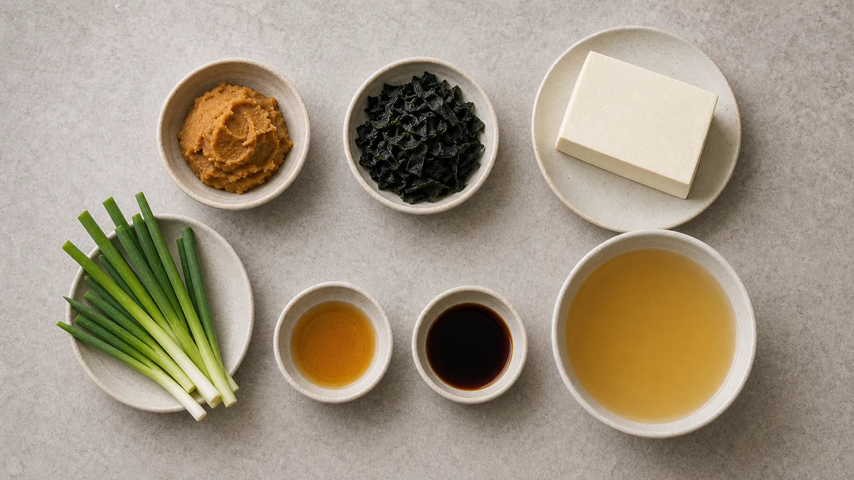 Zutaten für Keto Miso-Wakame-Suppe: Miso-Paste, getrockneter Wakame, Seidentofu, Frühlingszwiebeln und Sojasauce
