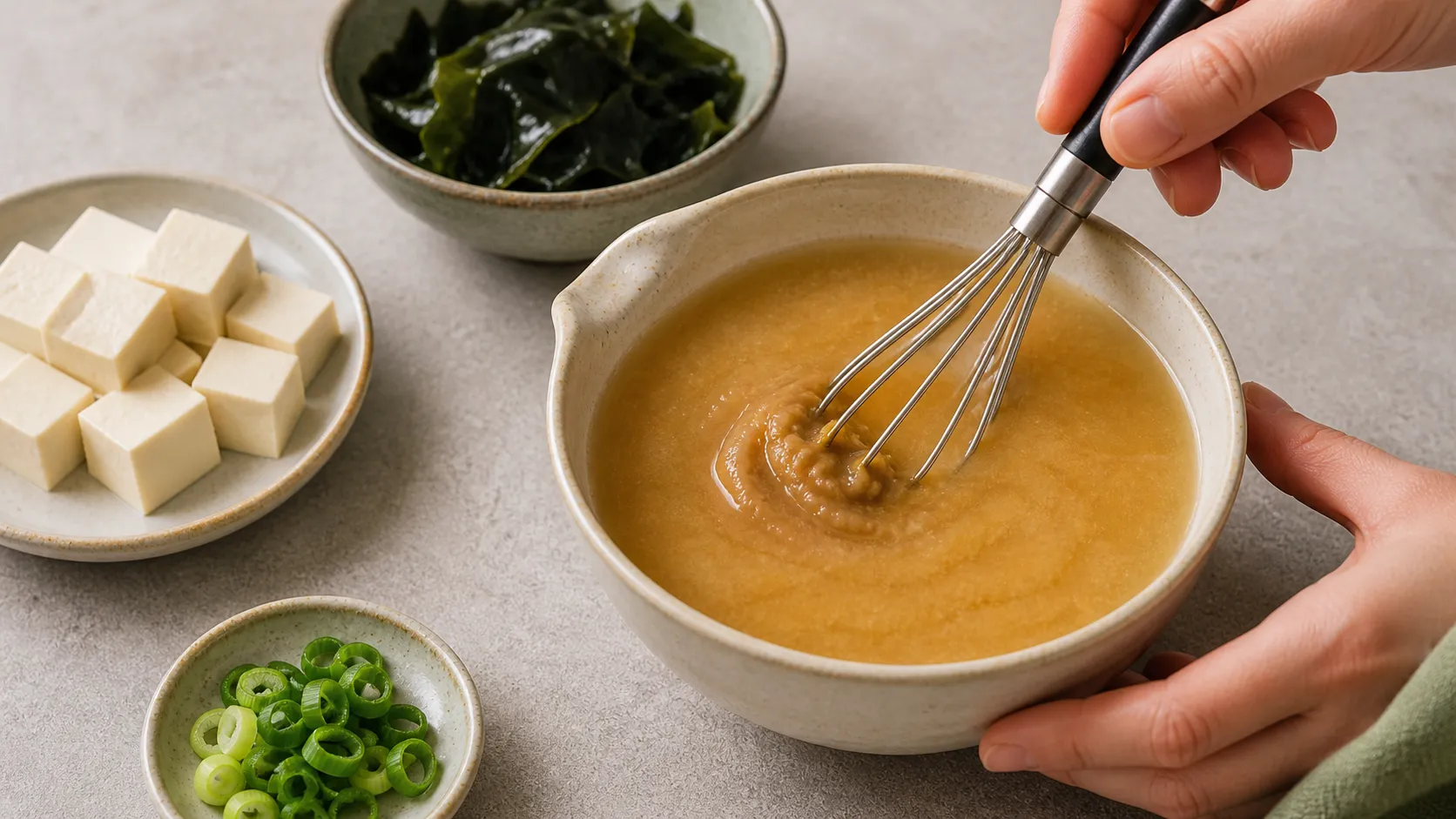 Miso-Paste wird in heißer Brühe mit einem Schneebesen aufgelöst