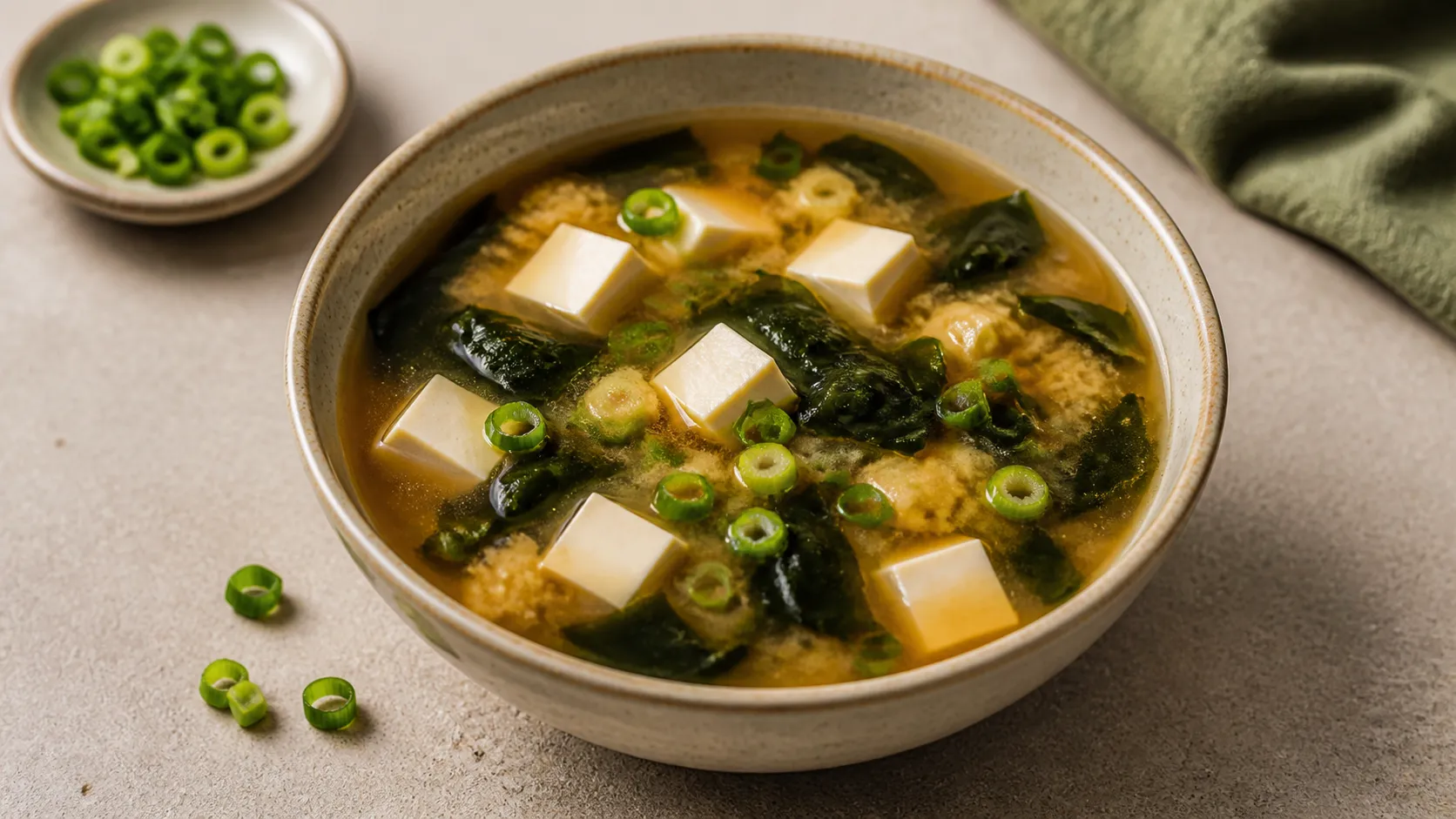 Keto Miso-Wakame-Suppe in einer Schüssel mit Tofu-Würfeln, Wakame-Algen und Frühlingszwiebeln