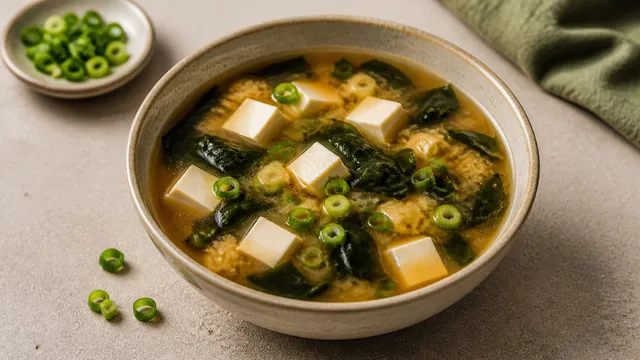 Keto Miso-Wakame-Suppe in einer Schüssel mit Tofu-Würfeln, Wakame-Algen und Frühlingszwiebeln