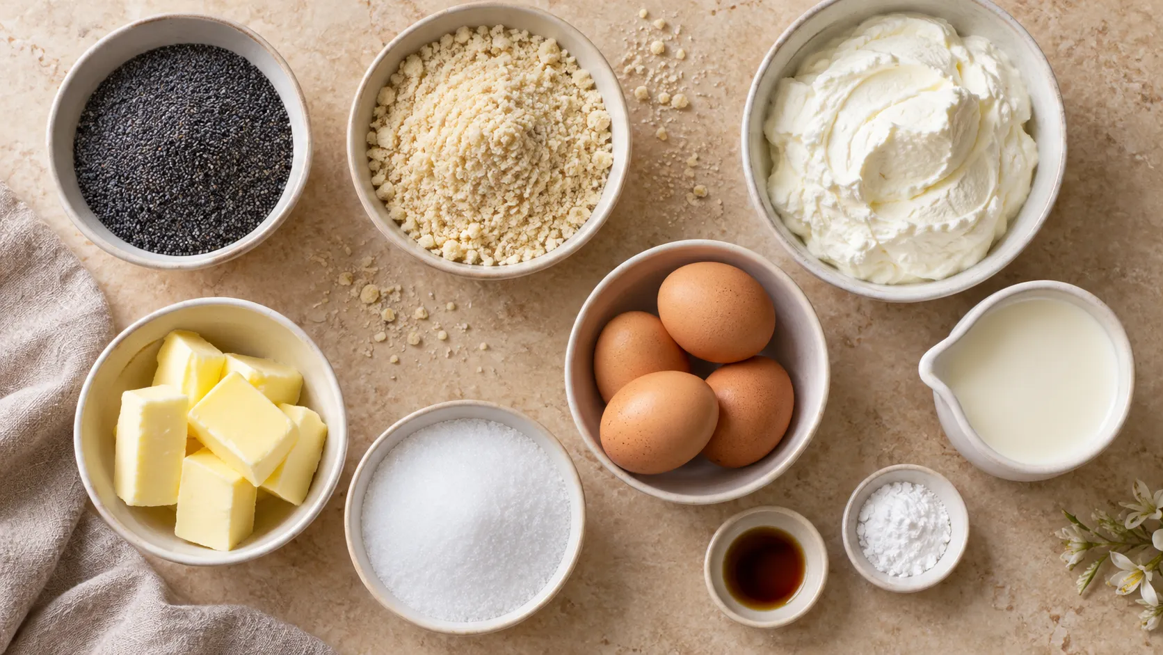 Zutaten für Mohnschnitten: gemahlener Blaumohn, gemahlene Mandeln, Quark, Eier, Butter, Sahne und Erythrit in Schalen