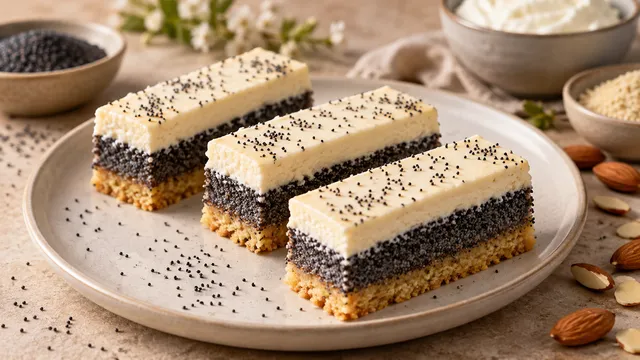 Drei rechteckige Kuchenstücke mit dunkler Mohnschicht und hellem Quarkguss auf einem Mandelmehlboden, angeschnitten auf einem Teller