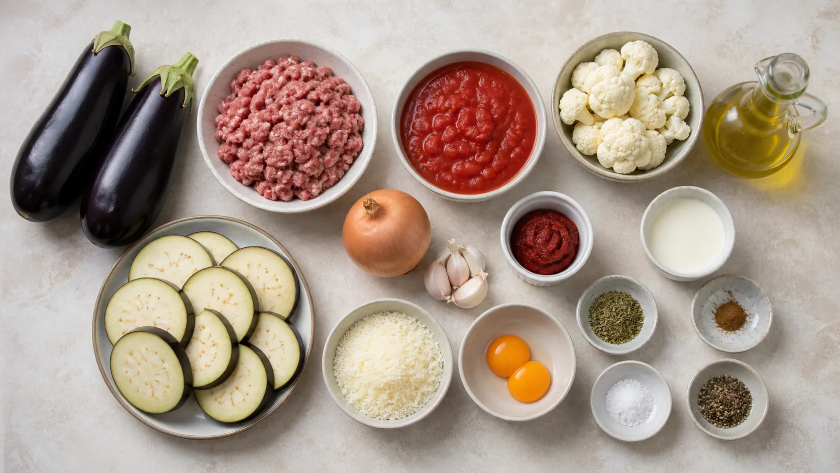 Zutaten für Keto Moussaka: Auberginen, Lammhackfleisch, Tomaten, Blumenkohl, Sahne, Käse, Zimt und Oregano