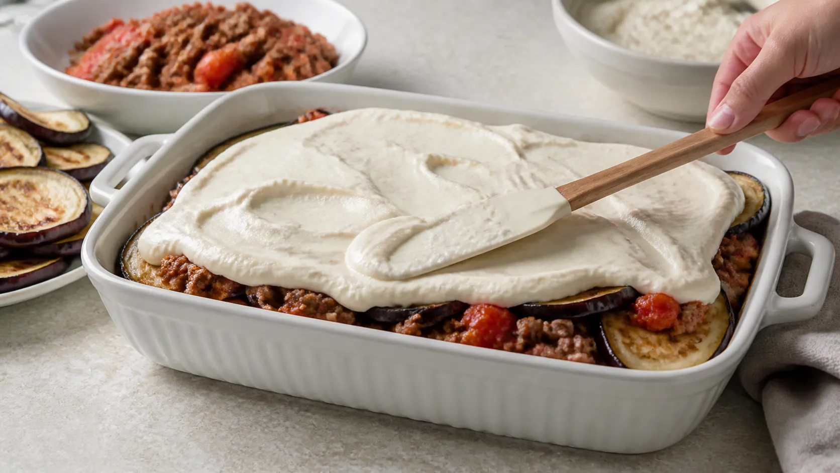 Auberginenscheiben auf dem Backblech und geschichtete Auflaufform mit Lammhack und Béchamel