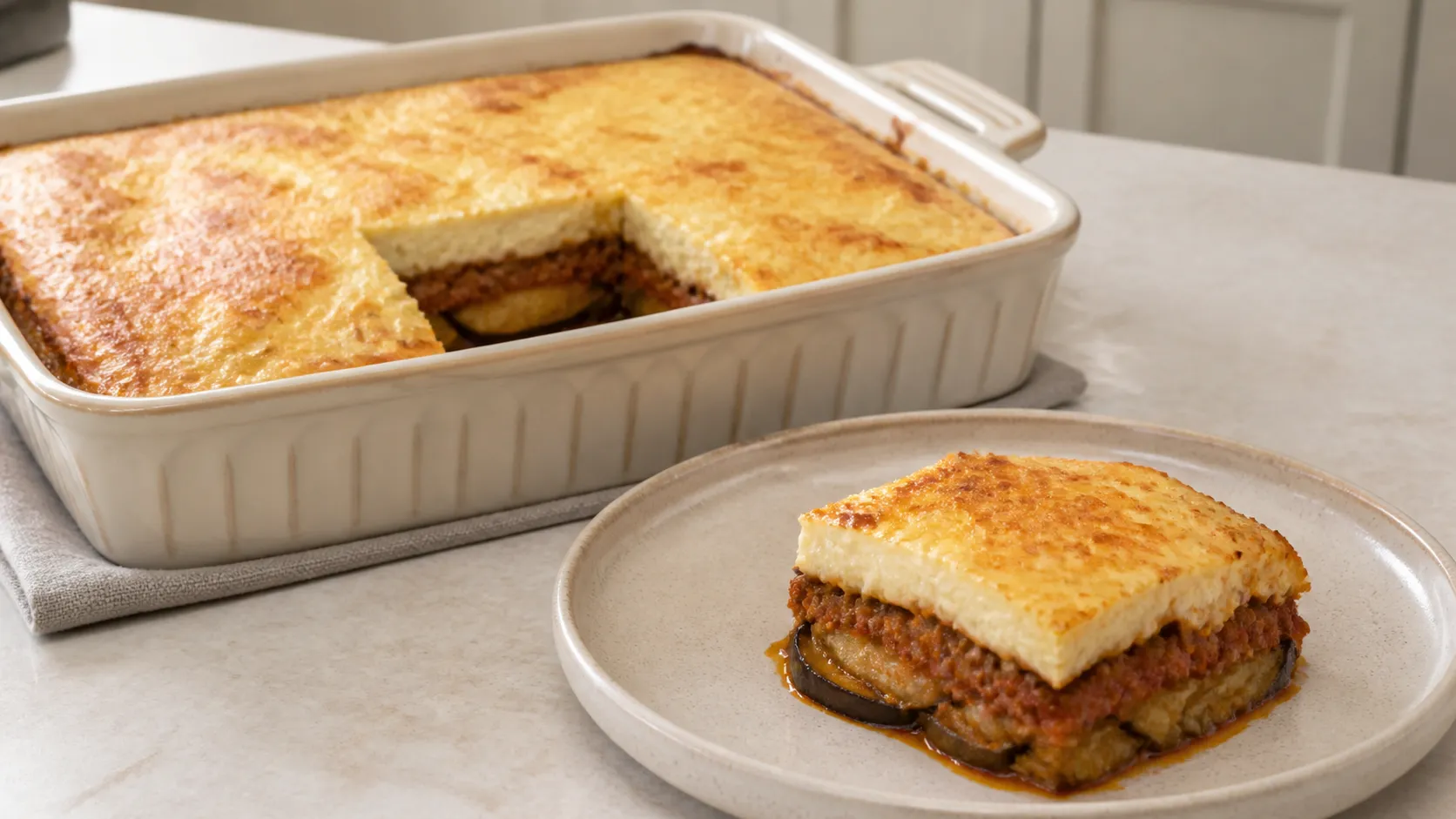 Angeschnittene Keto Moussaka in der Auflaufform mit Auberginenschichten, Lammhack und goldbrauner Béchamel