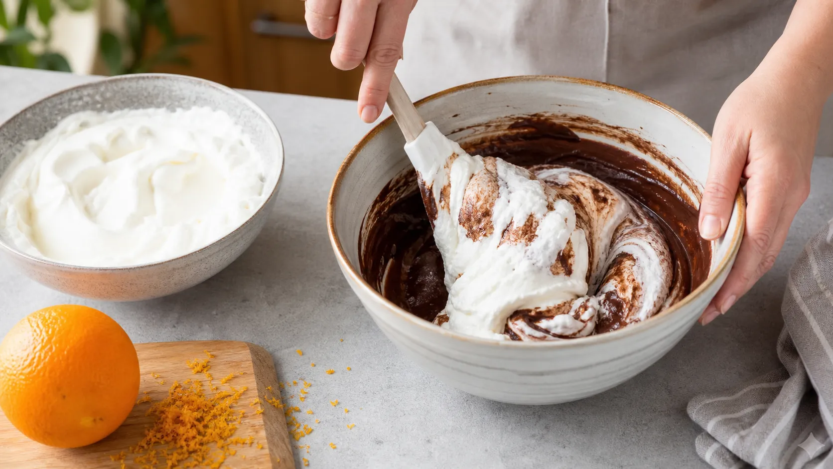 Geschmolzene Schokolade wird mit steif geschlagenem Eischnee zu Mousse verrührt