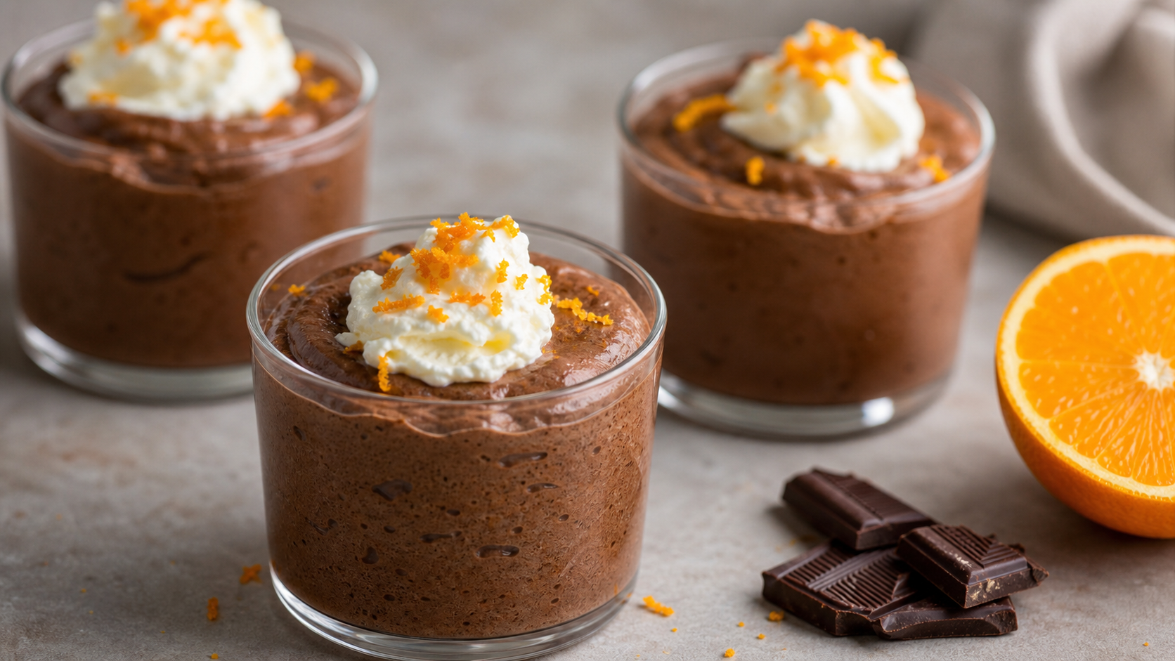 Keto Mousse au Chocolat mit Orange in Gläsern, garniert mit Orangenschale und Sahne