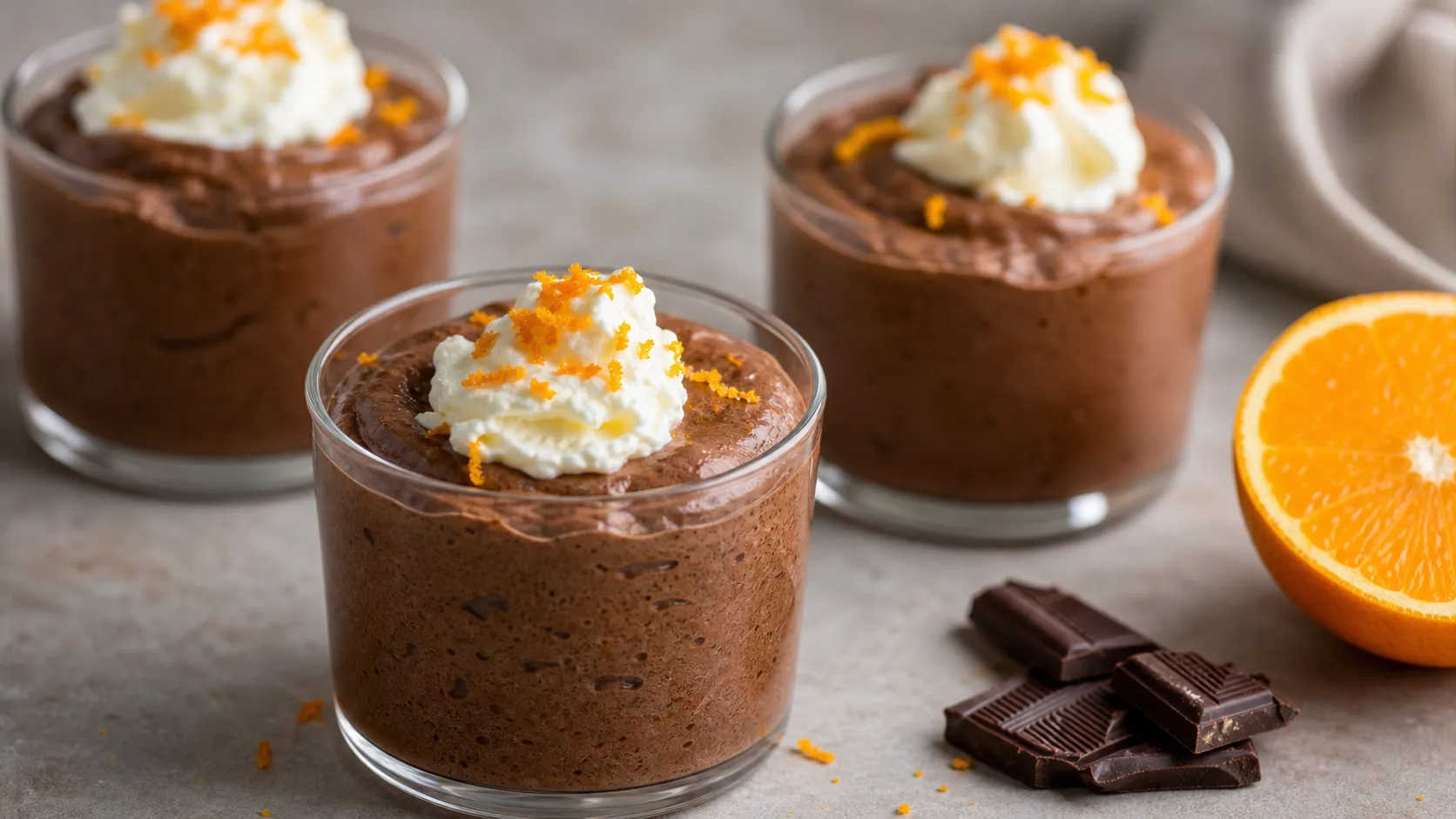 Keto Mousse au Chocolat mit Orange in Gläsern, garniert mit Orangenschale und Sahne