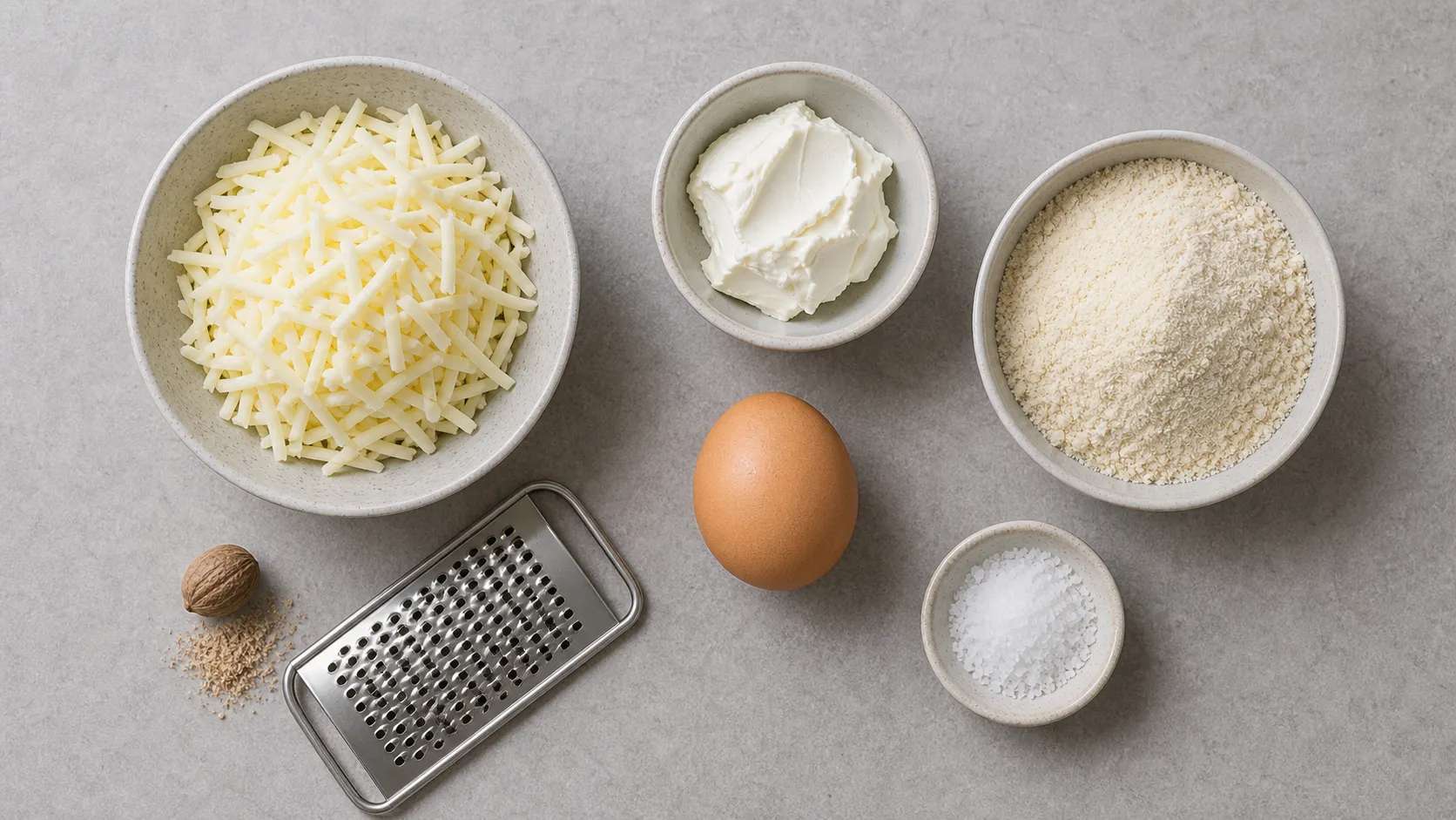 Zutaten für Keto-Mozzarella-Klöße: geriebener Mozzarella, Frischkäse, Mandelmehl, Ei, Muskat und Salz