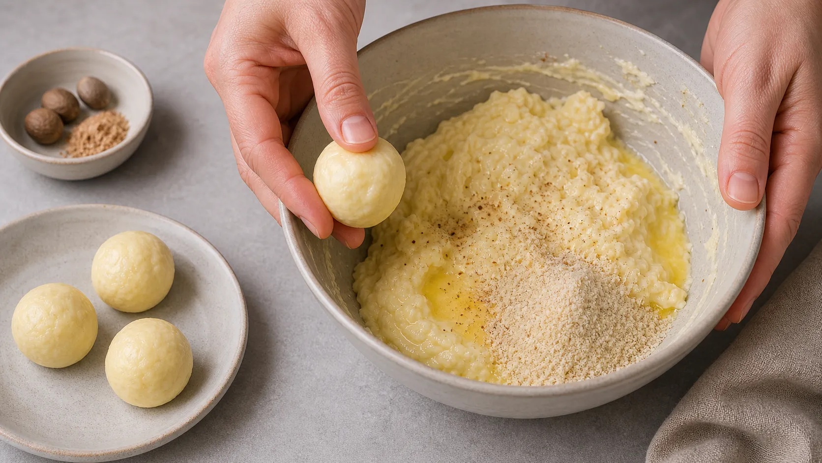 Warme Mozzarella-Mandelmehl-Masse wird von Hand zu runden Keto-Knödeln geformt