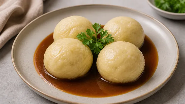 Keto-Knödel aus Mozzarella und Mandelmehl mit dunkler Bratensauce und Petersilie serviert