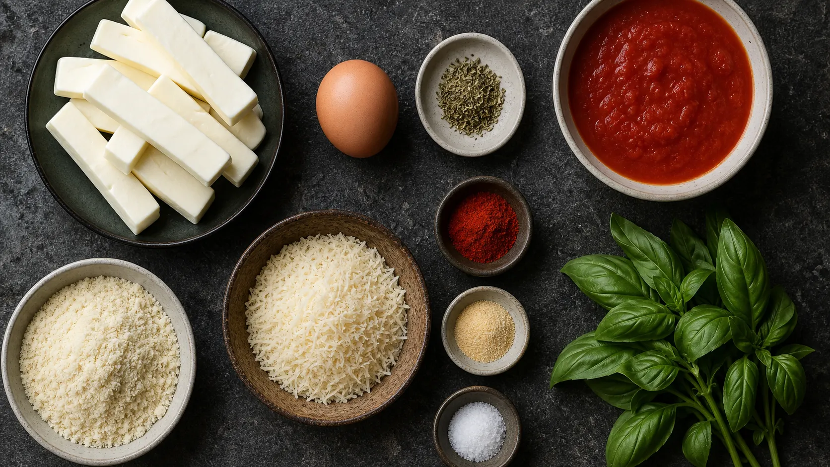 Zutaten für Keto Mozzarella-Sticks: Blockmozzarella, Mandelmehl, Parmesan, Ei und Gewürze