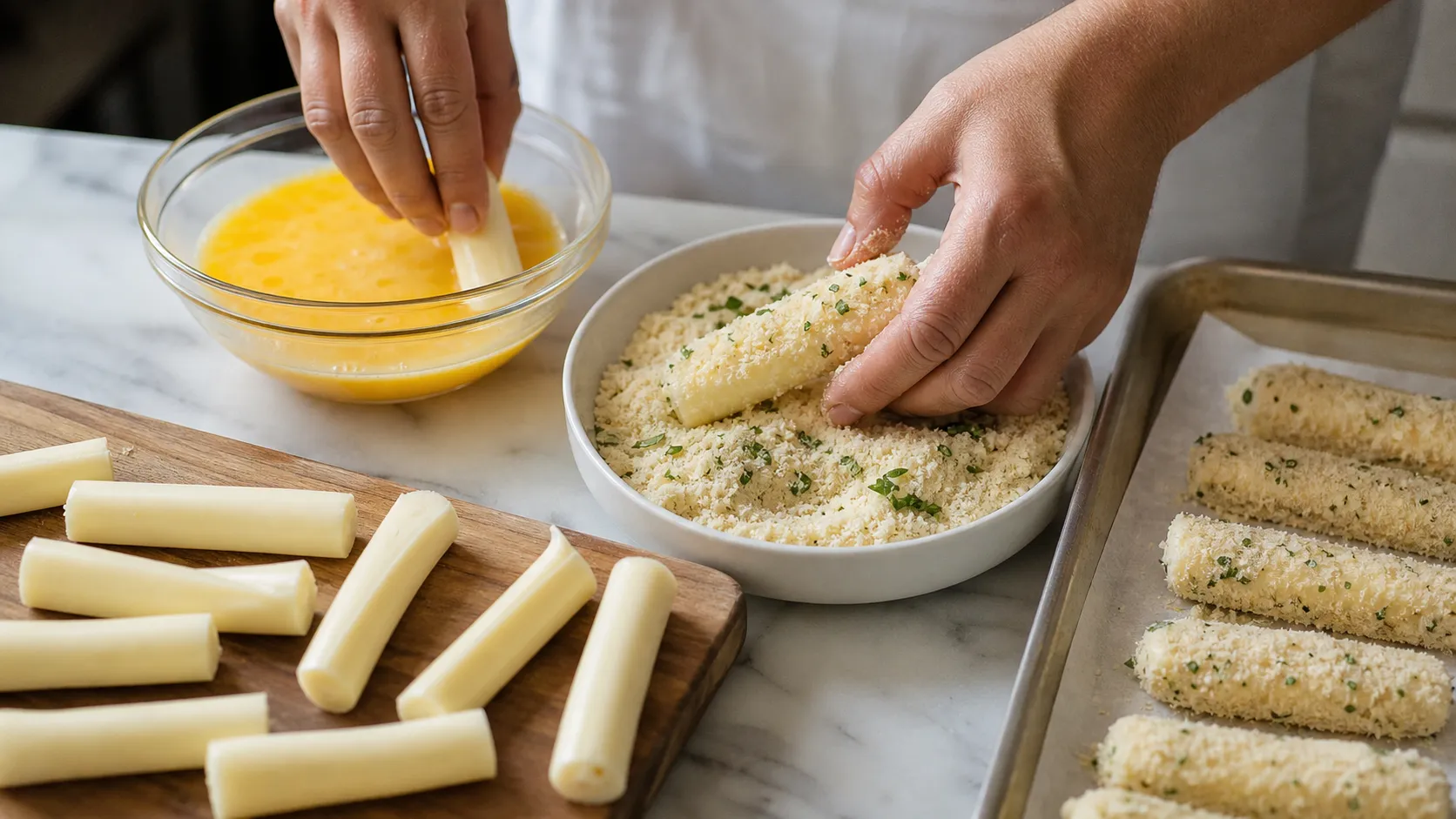 Mozzarella-Stangen werden in Ei und Parmesan-Mandel-Mischung paniert und auf ein Backblech gelegt