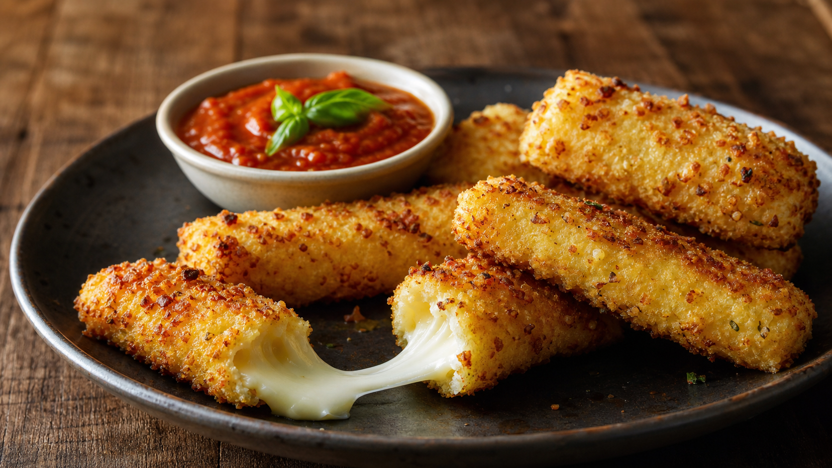 Knusprige Keto Mozzarella-Sticks im Parmesan-Mandel-Mantel mit Käsefaden und Tomaten-Dip