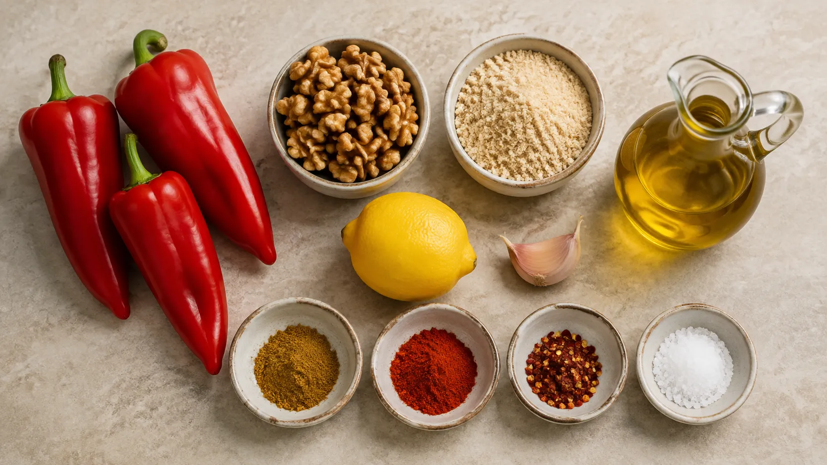 Zutaten für Keto-Muhammara: drei rote Spitzpaprika, Walnüsse, gemahlene Mandeln, Olivenöl, eine Zitrone, Knoblauch, Kreuzkümmel und Chiliflocken
