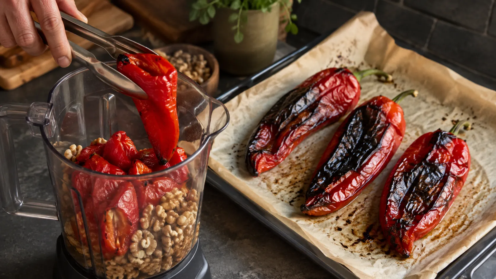 Geröstete rote Paprika mit schwarz geblasener Haut auf einem Backblech, daneben werden geschälte Paprikastücke mit Walnüssen in einen Mixer gegeben