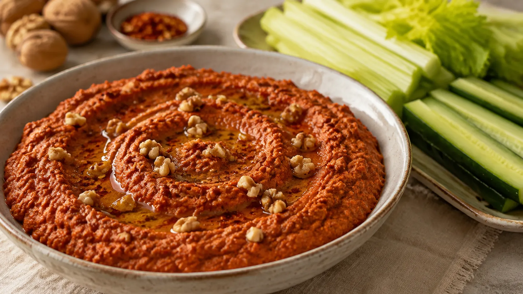 Rot-orangefarbener Keto-Muhammara-Dip in einer flachen Schale, mit Olivenöl, gehackten Walnüssen und Chiliflocken garniert, daneben Gurken- und Selleriesticks
