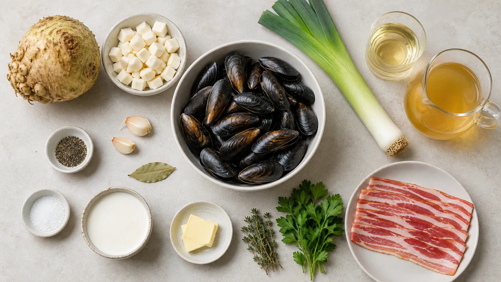 Zutaten für Keto Muschelsuppe: frische Miesmuscheln, Knollensellerie, Lauch, Speck, Sahne, Fischfond und Thymian