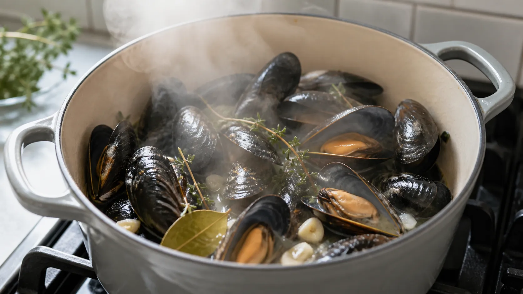 Miesmuscheln öffnen sich im Topf über dem dampfenden Weißweinsud
