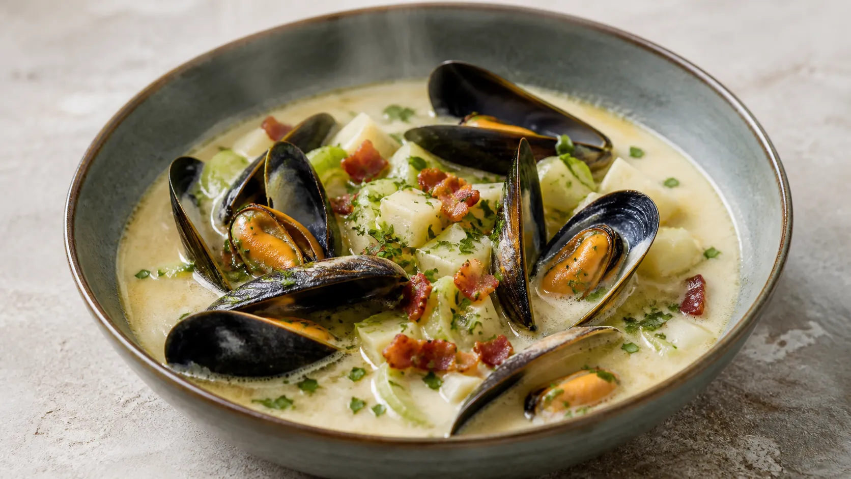 Tiefer Teller mit cremiger Keto Muschelsuppe, Muschelfleisch, Selleriewürfeln, Speckstreifen und Petersilie