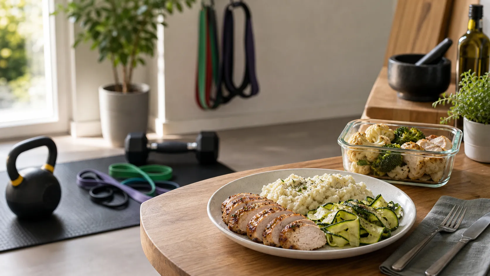 Kettlebell, Trainingsband und ein proteinreicher Keto-Teller mit Pute, Zucchini und Blumenkohlpüree