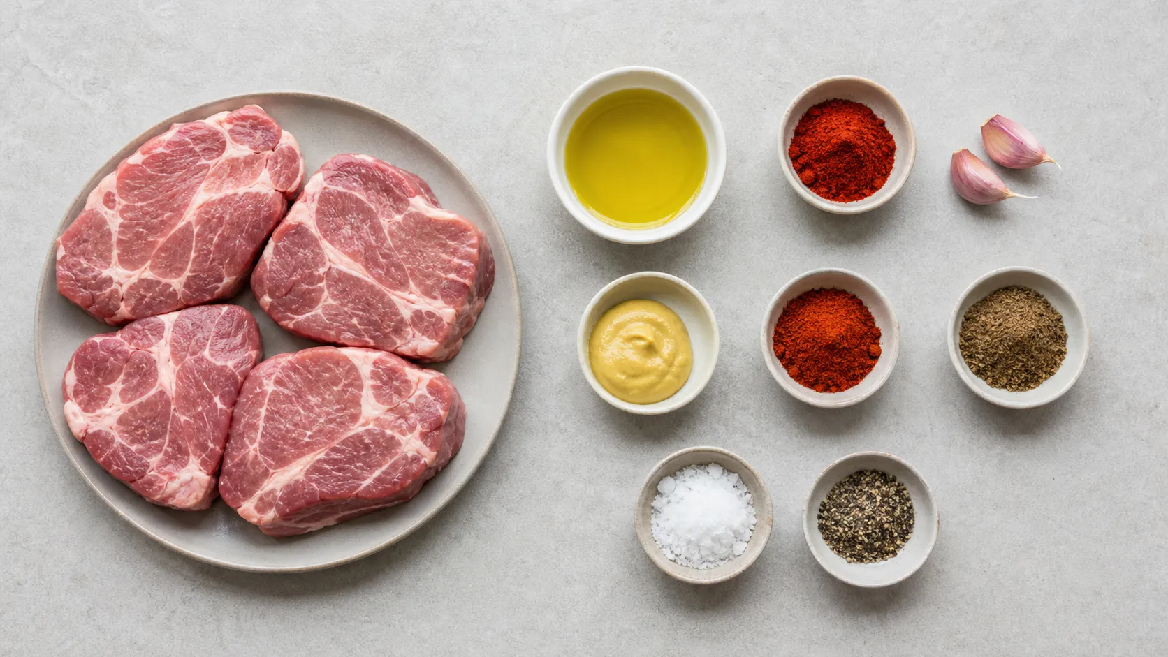 Zutaten für Keto-Nackensteaks: vier rohe Schweinenackensteaks, Olivenöl, Paprikapulver, Knoblauch, Senf und Kümmel