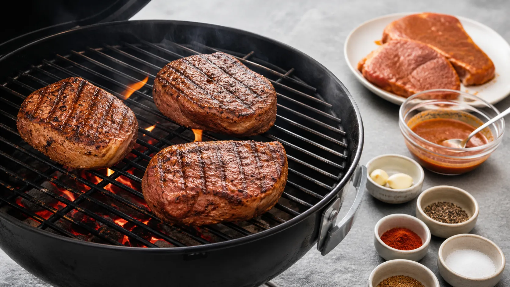 Nackensteaks liegen auf dem heißen Grillrost über direkter Hitze und bekommen ein Grillmuster