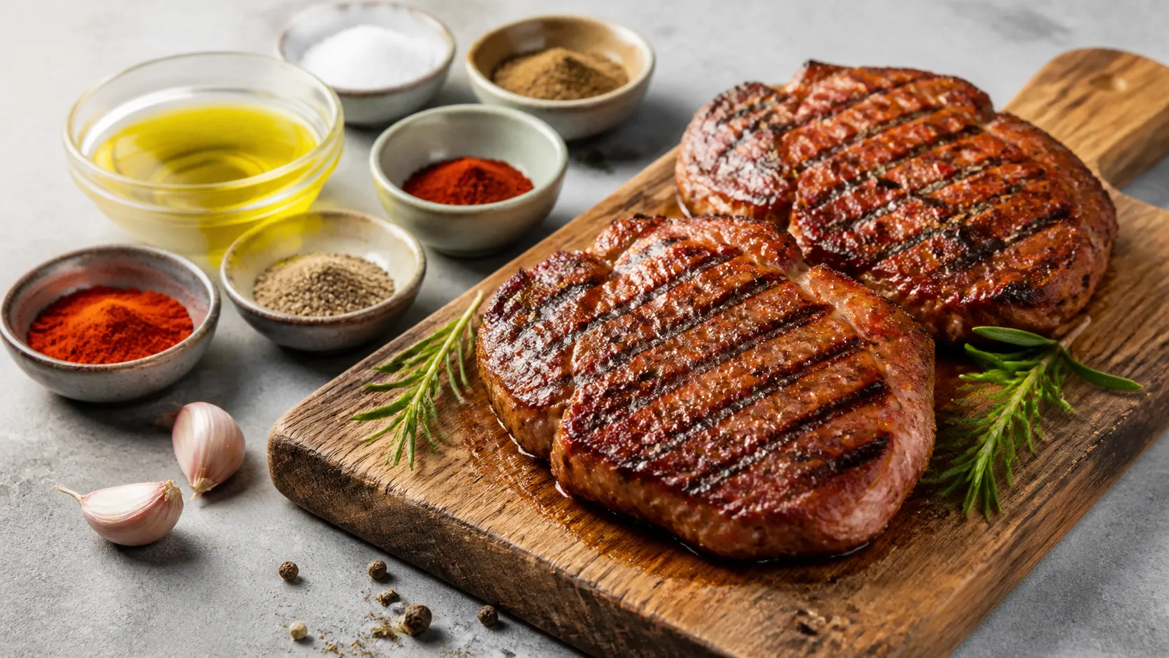 Zwei gegrillte Keto-Nackensteaks mit Grillmuster auf einem Holzbrett, daneben Rosmarin und grober Pfeffer