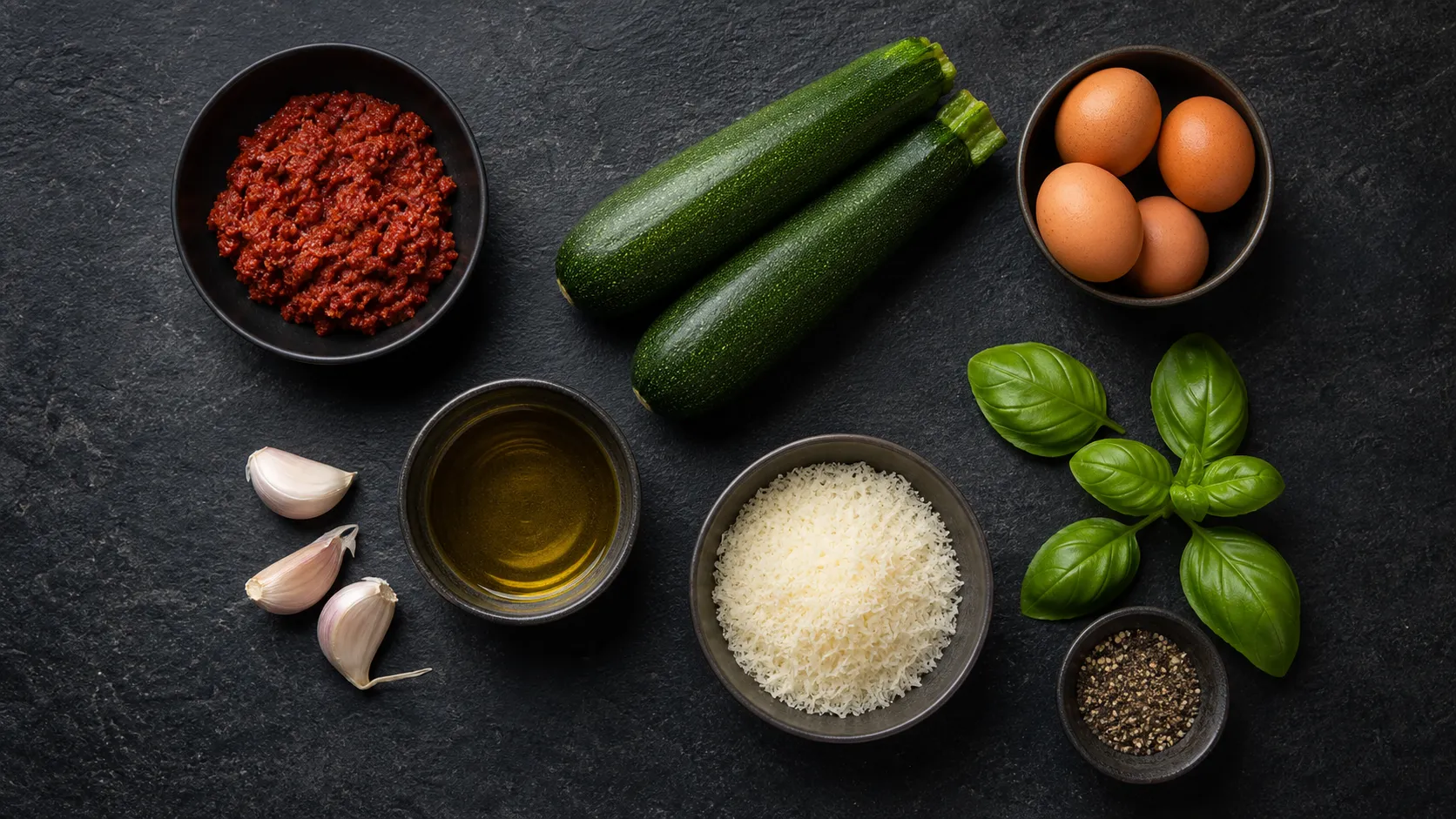 Flatlay der Zutaten für Keto-Nduja-Zucchini-Pfanne mit Nduja, Zucchini, Eiern und Basilikum