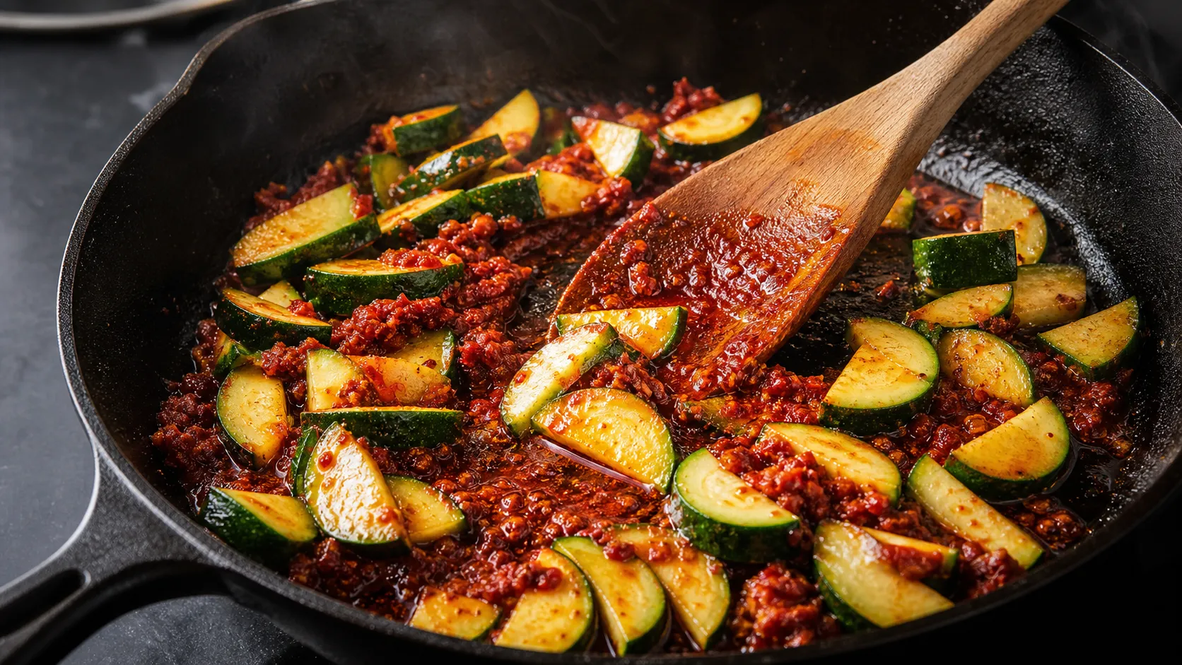 Nduja schmilzt in der Pfanne und überzieht Zucchini mit rotem Chili-Oel