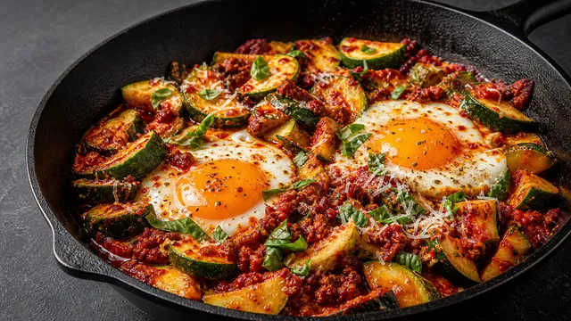 Fertige Keto-Nduja-Zucchini-Pfanne mit Spiegeleiern, Pecorino und Basilikum