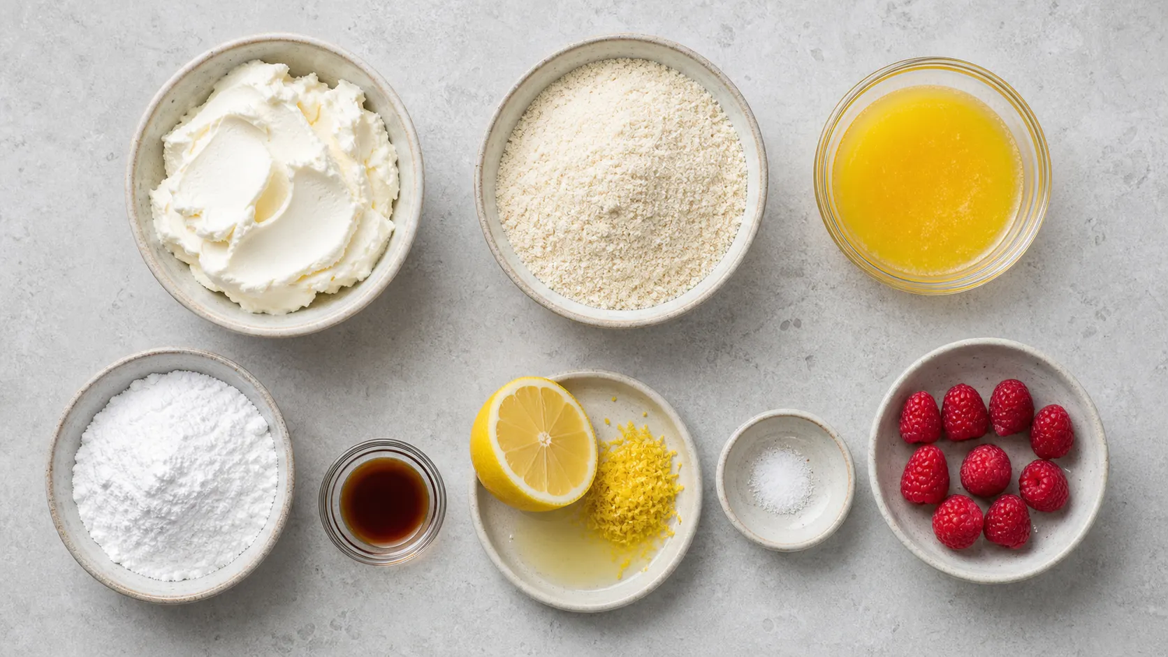 Zutaten für Keto-No-Bake-Käsekuchen-Bites als übersichtliches Flatlay