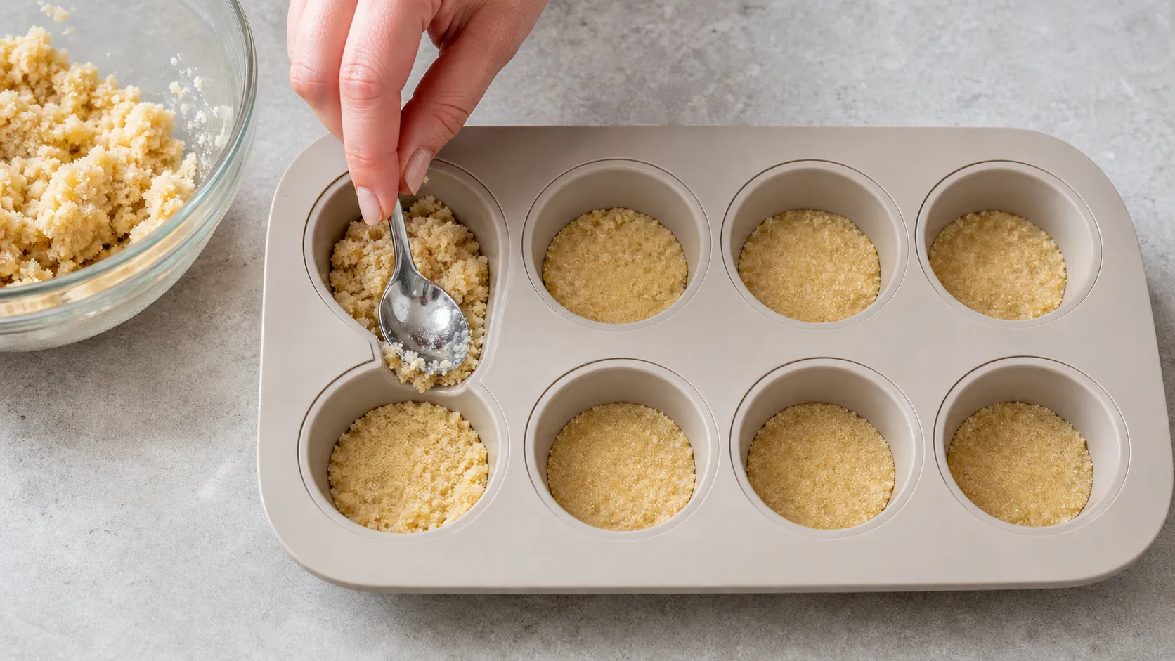 Mandel-Butter-Boden für Keto-Käsekuchen-Bites in Silikonförmchen drücken