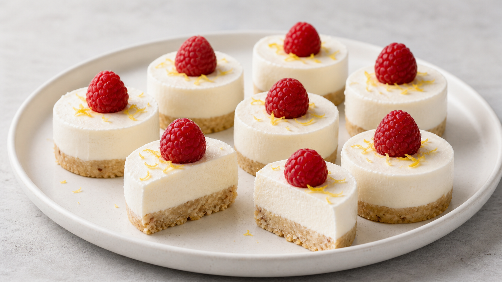 Keto-No-Bake-Käsekuchen-Bites mit Mandelboden, Frischkäsecreme und Himbeeren