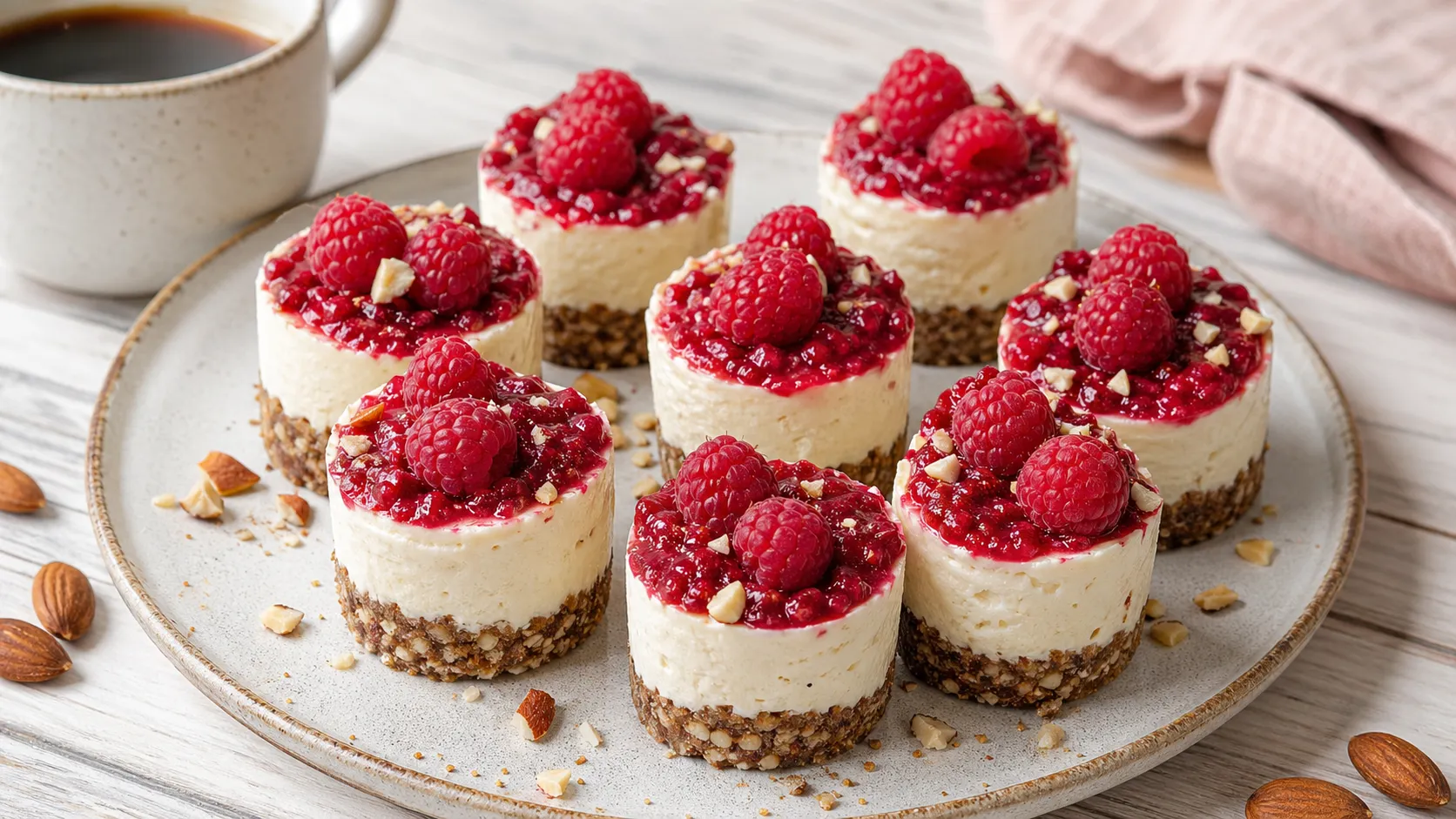 Keto No-Bake Käsekuchen-Bites mit Mandelboden, Frischkäsecreme und frischen Himbeeren auf einem Teller