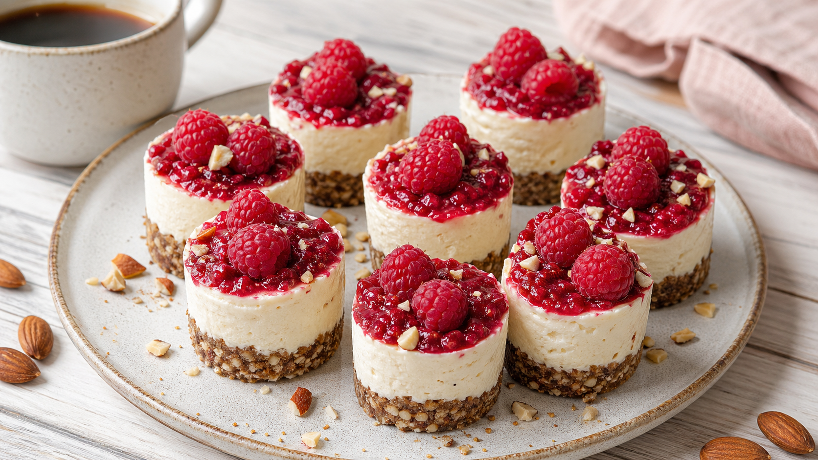 Keto No-Bake Käsekuchen-Bites mit Mandelboden, Frischkäsecreme und frischen Himbeeren auf einem Teller
