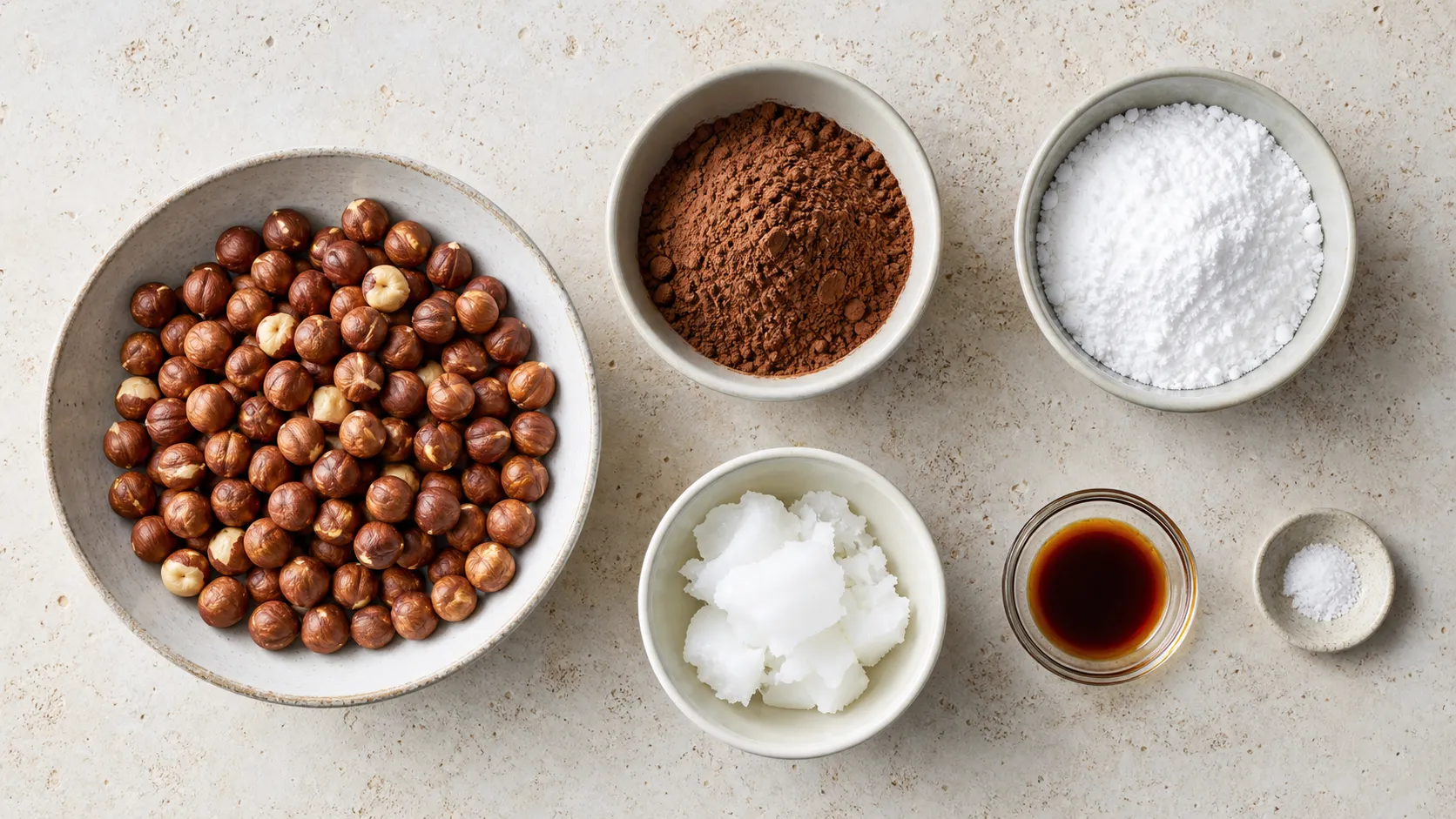 Zutaten für Keto Nuss-Nougat-Creme: Haselnüsse, Backkakao, Puder-Erythrit, Kokosöl und Vanille