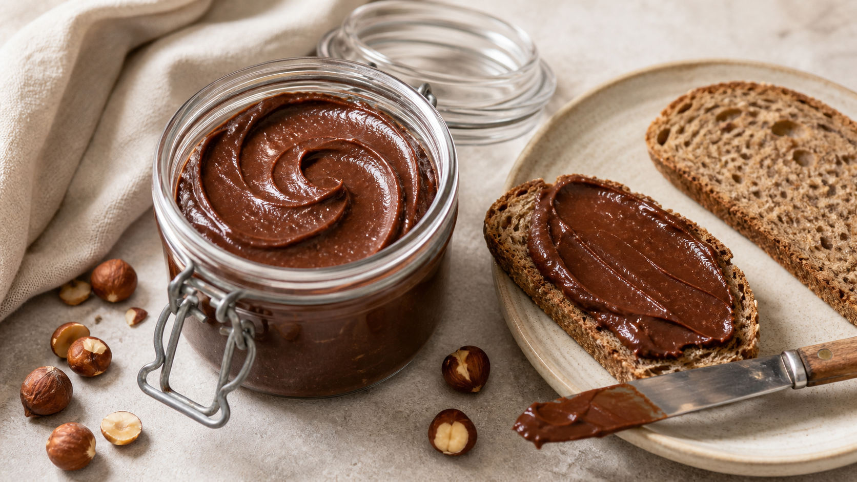 Keto Nuss-Nougat-Creme im Glas mit einem Messer und Keto-Brot daneben